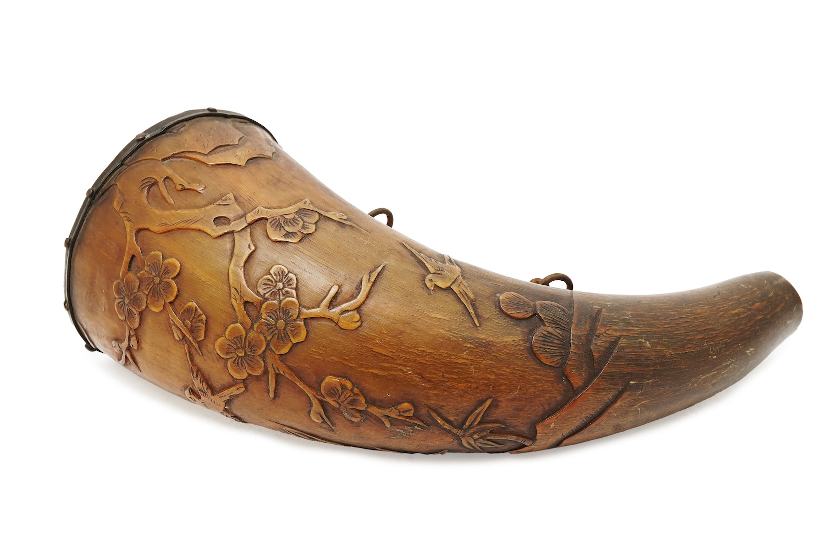 A Tibetan or Mongolian inscribed buffalo horn powder flask, 18th century